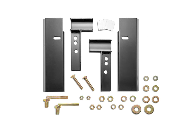 BackRack Standard Installation Kit 30117 in black, rail plates, mounting brackets and hardware laid out on white