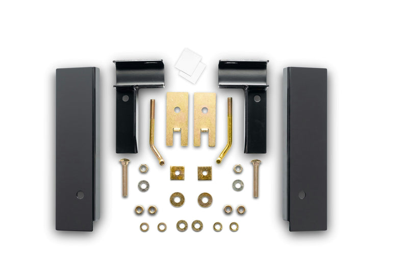 BackRack Standard Installation Kit 30123 in black, rail plates, mounting brackets, spacer plates and hardware laid out on white