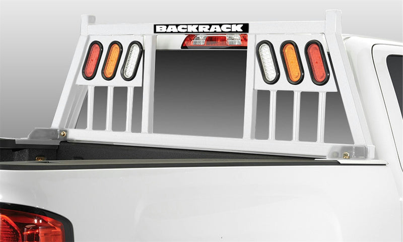 BackRack Three Light Headache Rack in white powder coat mounted behind the cab of a white pickup