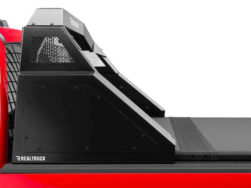 BackRack Trace Rack: side view of a black Trace Rack side box with a mesh vent above a tonneau cover on a red pickup