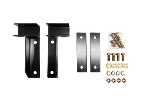 BackRack Utility Body: black utility body mounting brackets and plates with a bag of bolts, washers and nuts on a white background