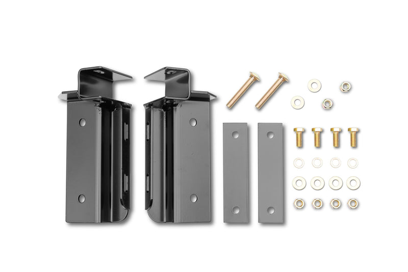 BackRack Utility Body: pair of black utility body mounting brackets with two plates and fastening hardware on a white background