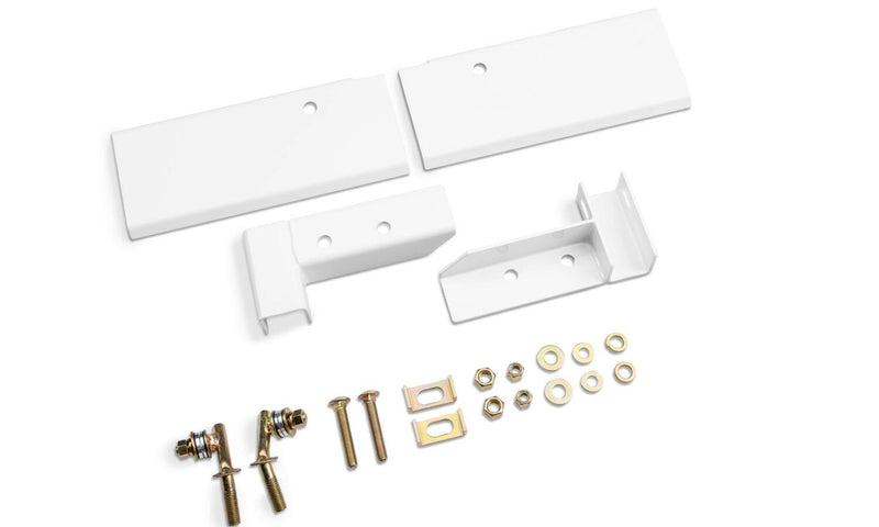 BackRack Utility Body: white powder coated utility body mounting brackets and plates with bolts and washers on a white background