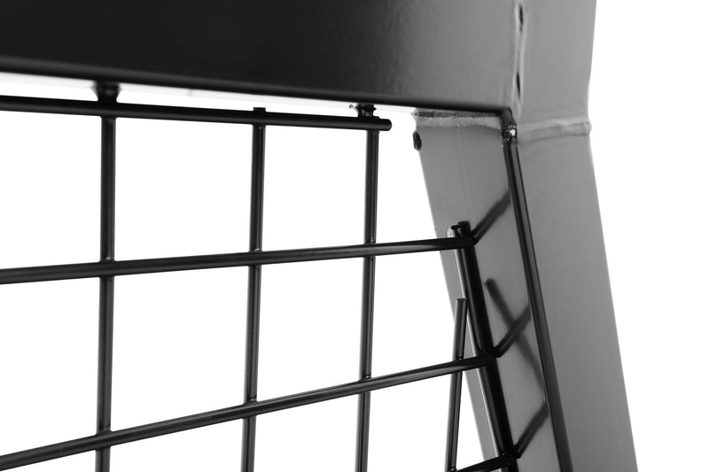 BackRack Utility Body Safety: close-up of black welded wire mesh and a rack post corner