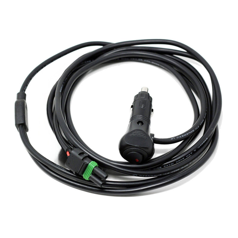 Baja Designs 10' Wire Harness w/12v Cigarette Plug-1-light Max 85 watts, whole product on a studio background: A coiled black power cord with a cigarette lighter plug, a red rocker switch, an inline fuse holder and a weatherproof connector