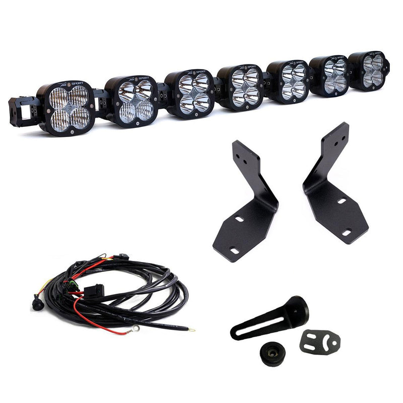 Baja Designs 7XL Linkable Bumper Light Kit, complete kit on a studio background: A seven-pod XL Linkable light bar kit on white