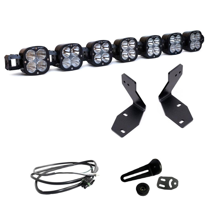 Baja Designs 7XL Linkable Bumper Light Kit, complete kit on a studio background: seven linked XL pods shown with two black brackets, a wiring harness and small mounting hardware on white