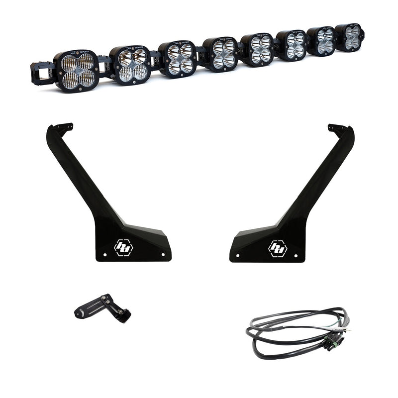 Baja Designs 8XL Linkable Roof Mount Light Kit, complete kit on a studio background: an eight-pod linkable LED roof bar with two black Jeep A-pillar brackets, a center mount and a wiring harness on white