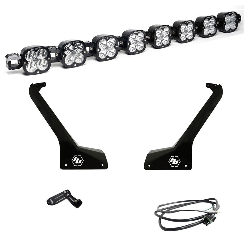 Baja Designs 8XL Linkable Roof Mount Light Kit, complete kit on a studio background: an eight-pod linkable LED roof bar with two black Jeep A-pillar brackets, a center mount and a wiring harness on white