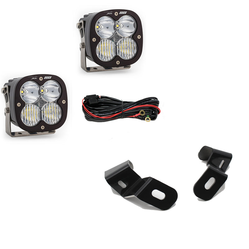 Baja Designs XL80 A-Pillar Light Kit, complete kit on a studio background: two XL80 pods with clear lenses, wiring harness and two A-pillar brackets