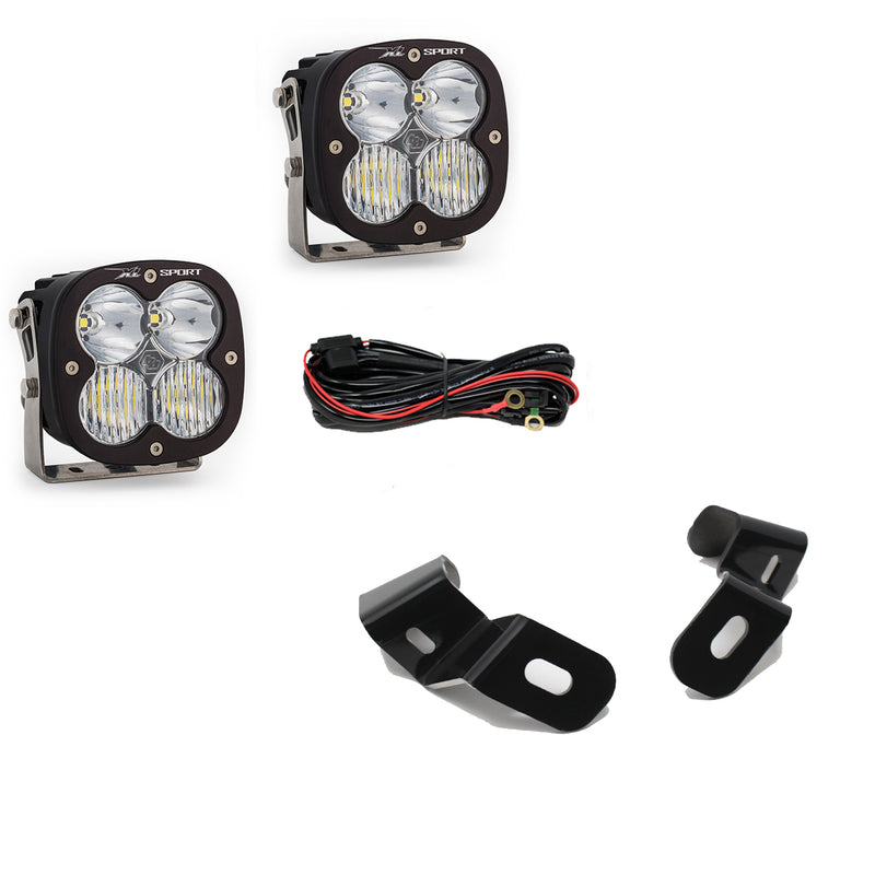 Baja Designs XL Sport A-Pillar Light Kit, complete kit on a studio background: two XL Sport pods with clear lenses, wiring harness and two A-pillar brackets