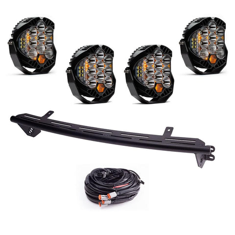 Baja Designs Bull Bar Light Kit, complete kit on a studio background: four large round LP-series LED pods with a curved black light bar mount and a wiring harness on white