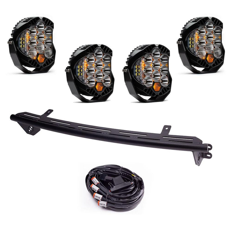 Baja Designs Bull Bar Light Kit, complete kit on a studio background: four large round LP-series LED pods with a curved black light bar mount and a wiring harness on white