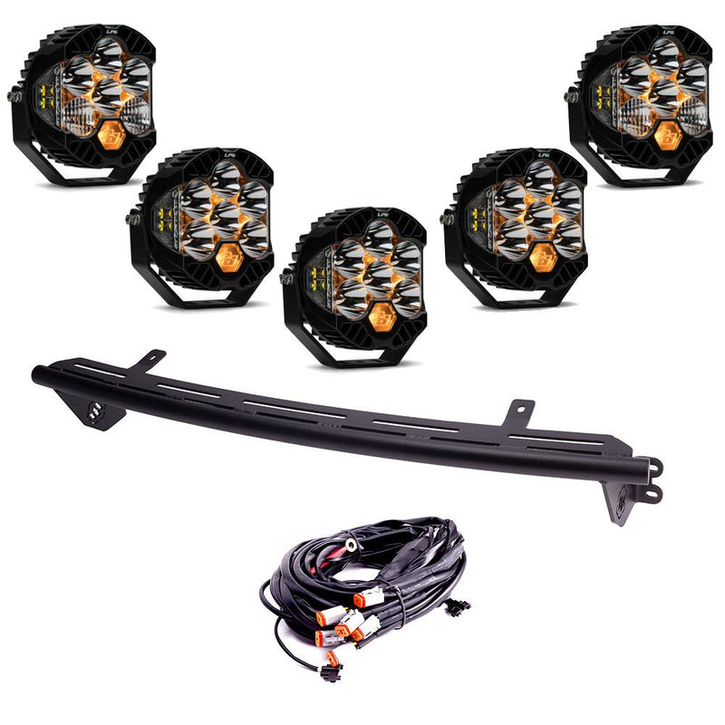 Baja Designs Bull Bar Light Kit, complete kit on a studio background: several LP4 Pro LED pods with a curved black light bar mount and a wiring harness on white