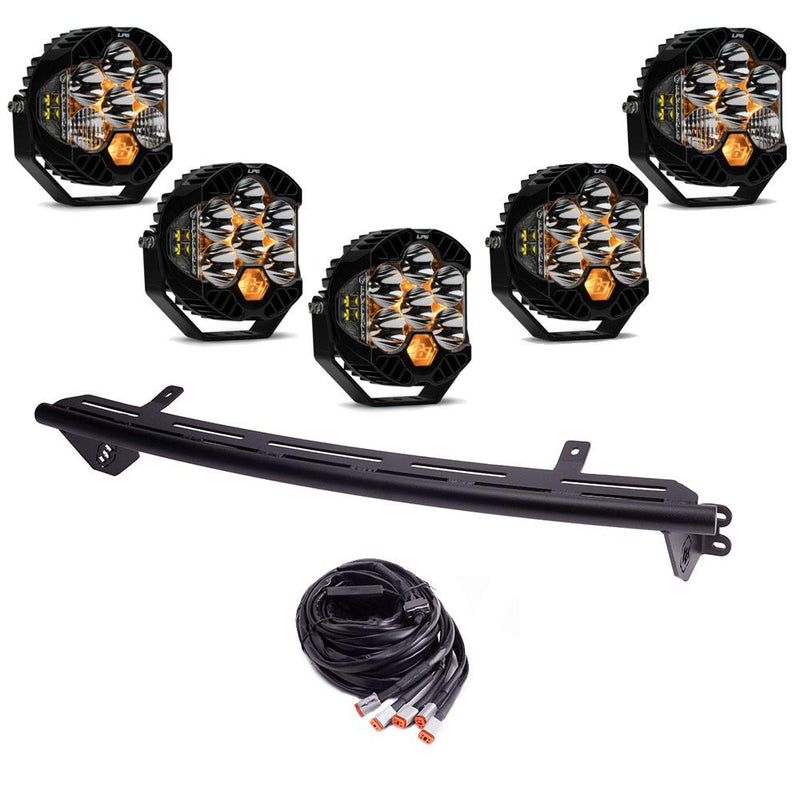 Baja Designs Bull Bar Light Kit, complete kit on a studio background: six LP-series LED pods with amber accent lights, a curved black light bar mount and a wiring harness on white