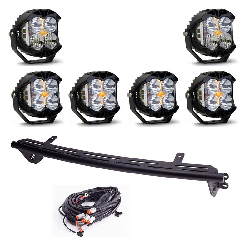 Baja Designs Bull Bar Light Kit, complete kit on a studio background: six LP4 Pro LED pods with a curved black light bar mount and a wiring harness on white