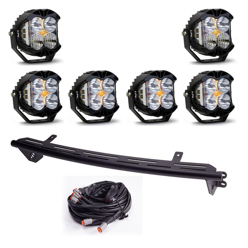 Baja Designs Bull Bar Light Kit, complete kit on a studio background: six LP4 Pro LED pods with a curved black light bar mount and a wiring harness on white