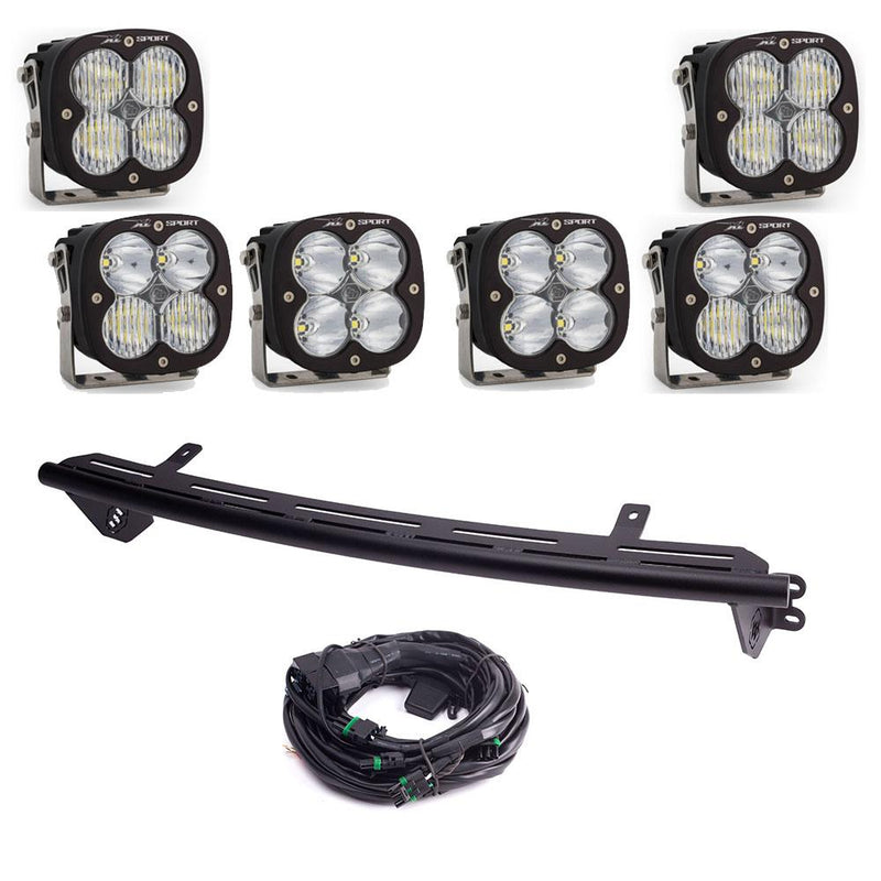 Baja Designs Bull Bar Light Kit, complete kit on a studio background: six XL Sport LED pods with a curved black light bar mount and a wiring harness on white