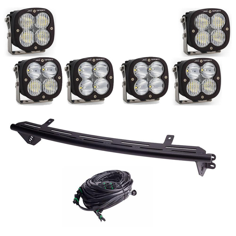 Baja Designs Bull Bar Light Kit, complete kit on a studio background: six XL Sport LED pods with a curved black light bar mount and a wiring harness on white