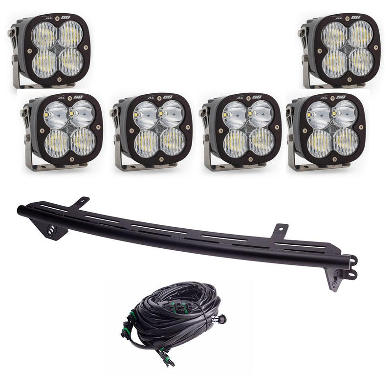 Baja Designs Bull Bar Light Kit, complete kit on a studio background: six XL80 LED pods with a curved black light bar mount and a wiring harness on white