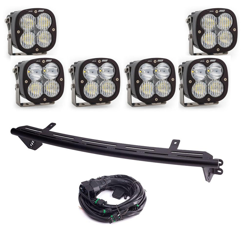 Baja Designs Bull Bar Light Kit, complete kit on a studio background: six XL80 LED pods with a curved black light bar mount and a wiring harness on white