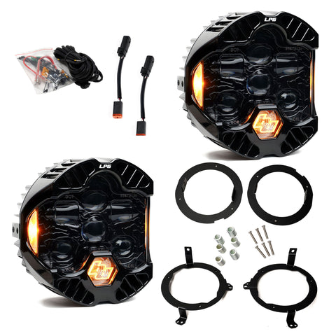 Baja Designs DOT LP6 LED Headlight Kit, complete kit on a studio background: A pair of LP6 LED headlights