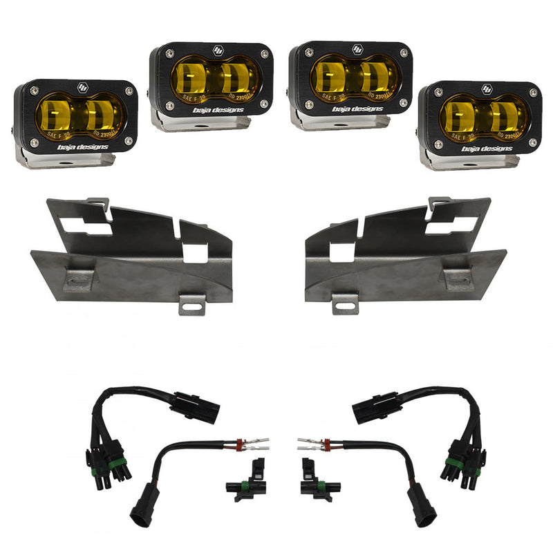Baja Designs Dual S2 SAE Fog Pocket Light Kit, complete kit on a studio background: four black S2 SAE pods with amber lenses, two steel fog pocket brackets and harness adapters on white