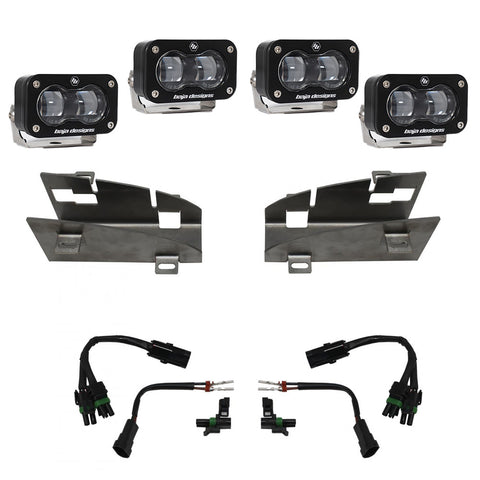 Baja Designs Dual S2 SAE Fog Pocket Light Kit, complete kit on a studio background: four black S2 SAE pods
