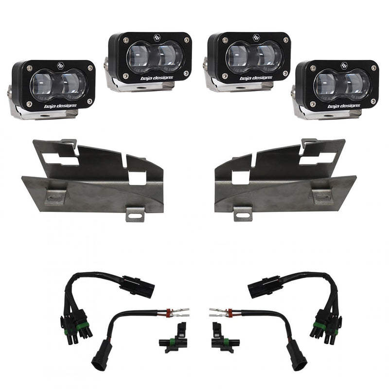 Baja Designs Dual S2 SAE Fog Pocket Light Kit, complete kit on a studio background: four black S2 SAE pods
