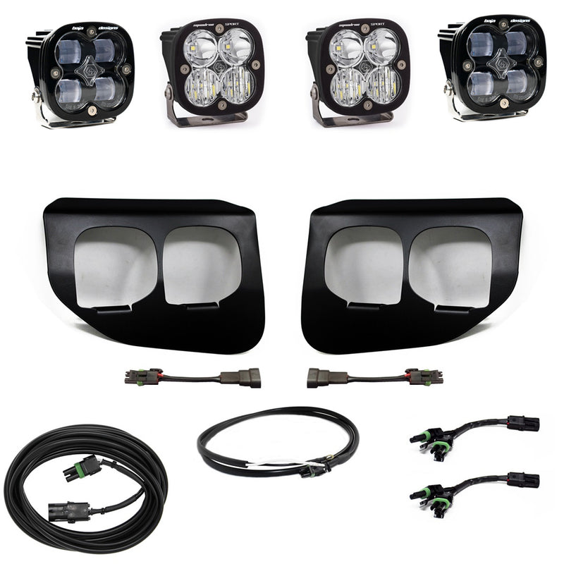 Baja Designs Squadron SAE/Sport Fog Pocket Light Kit with upfitter harness, clear SAE version: two clear Squadron SAE fog lights, two Squadron Sport pods, fog pocket bezels and harnesses