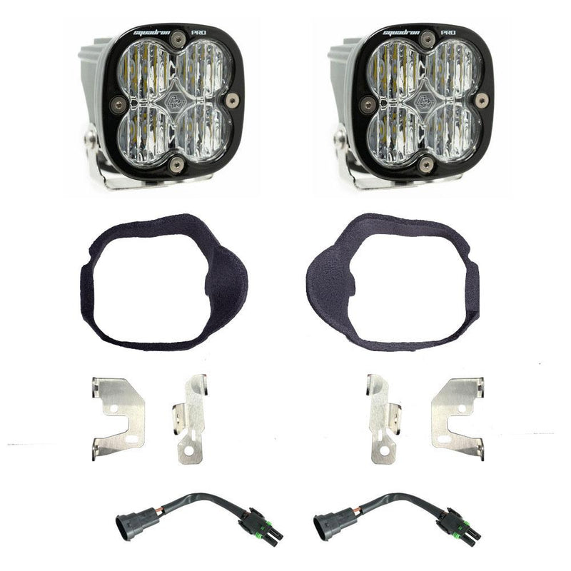 Baja Designs Squadron Pro Fog Pocket Light Kit for the 2019-2026 Sprinter, clear lens: two Squadron Pro pods, fog pocket bezels, brackets and adapter harnesses