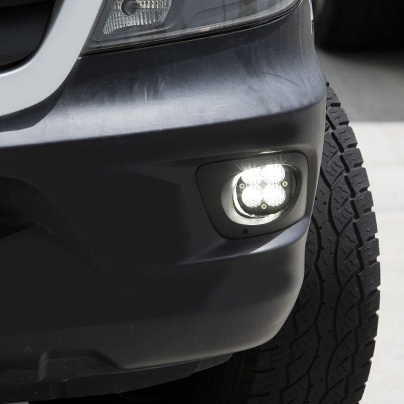 Baja Designs Squadron Pro light lit in the fog pocket of a 2019-on Mercedes-Benz Sprinter