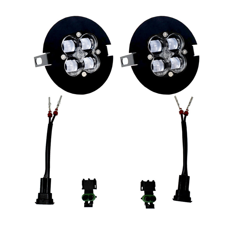 Baja Designs Ford/Toyota Squadron SAE Fog Pocket Light Kit, complete kit on a studio background: pair of round Squadron fog pods in black flat bezel plates with two pigtail harnesses and connectors, clear lenses laid out on a white background