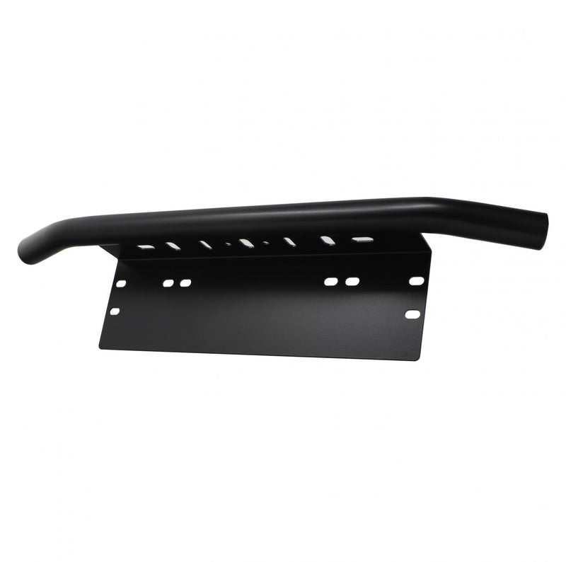 Baja Designs License Plate Mount, whole product on a studio background: A black steel license plate mount with a tubular top bar and rows of mounting holes on a white background