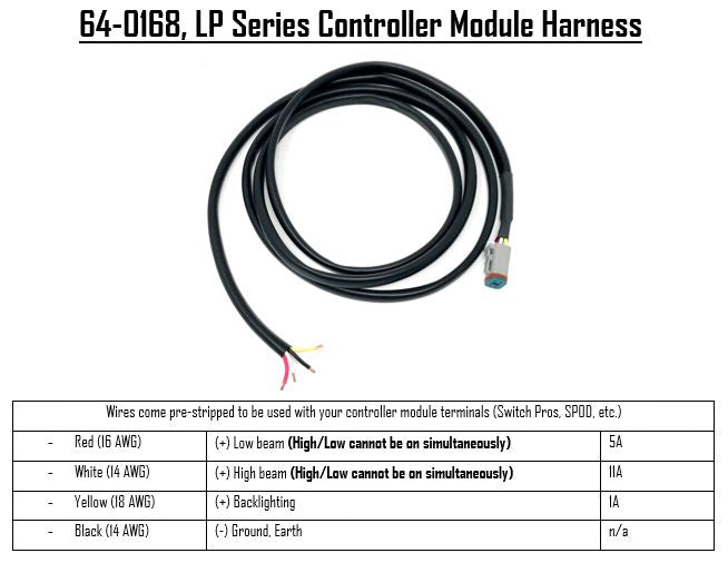 Baja Designs LP Controller Module: spec card showing a coiled controller module harness with a DT connector above a wire color and function table