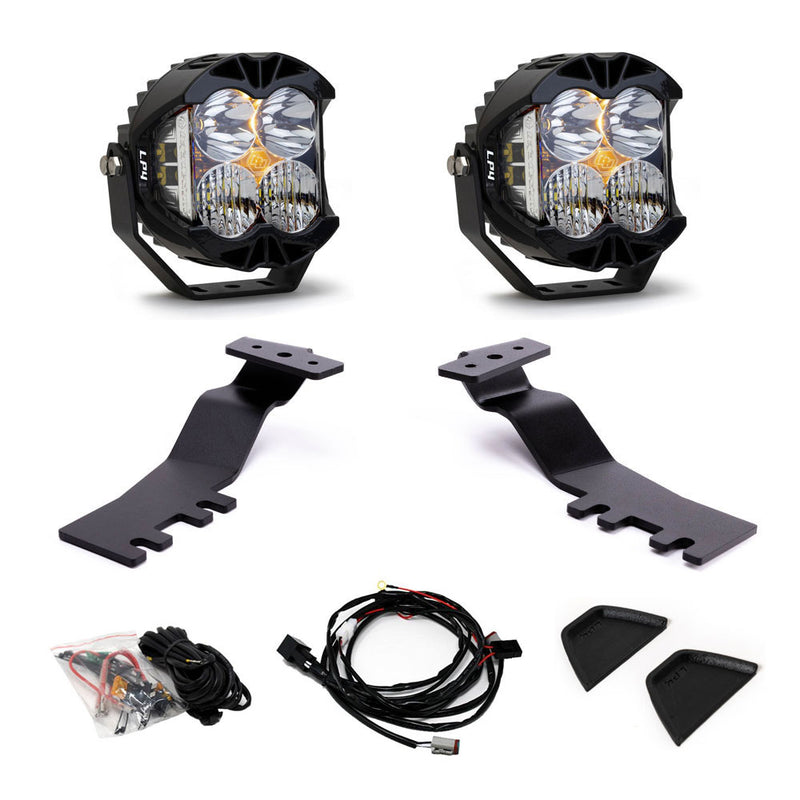 Baja Designs LP4 A-Pillar Kit, complete kit on a studio background: A pair of LP4 LED pods