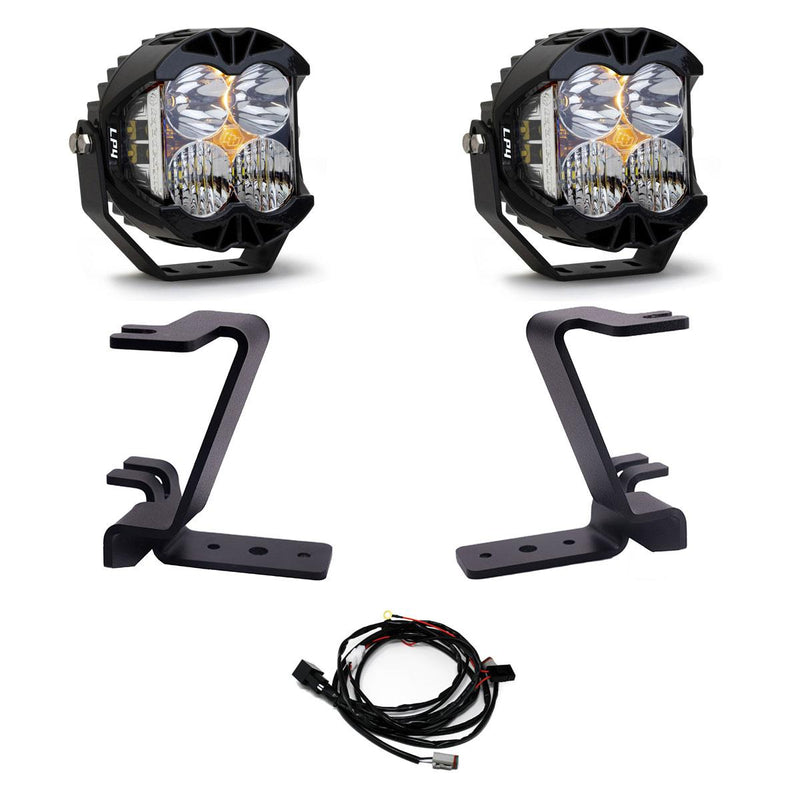 Baja Designs LP4 A-Pillar Light Kit, complete kit on a studio background: A pair of Baja Designs LP4 LED pods with black A-pillar mounting brackets and wiring laid out on a white background