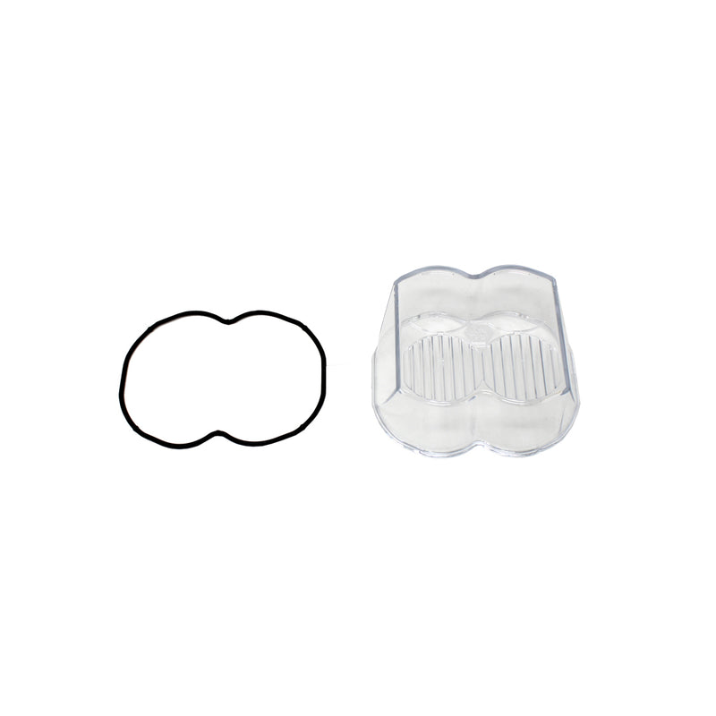 Baja Designs LP4 Light Pod Lens Kit, complete kit on a studio background: A clear LP4 replacement lens cover with fluted optics and a black rubber gasket on a white background; this SKU's frames show more than one lens color, so the color match is