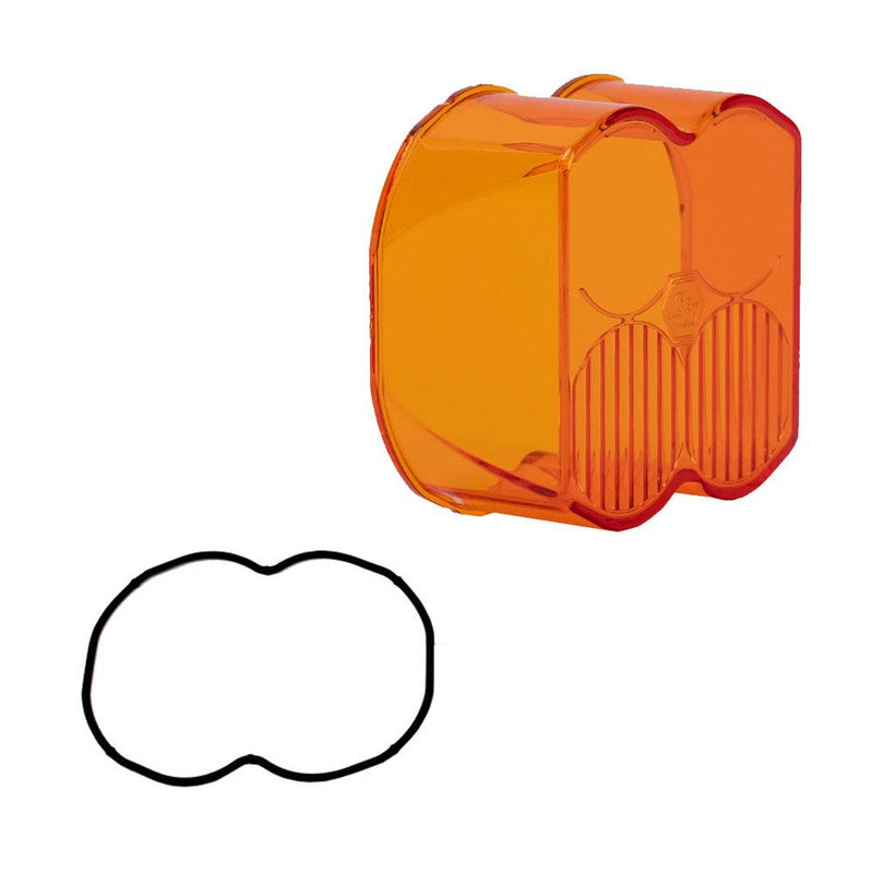 Baja Designs LP4 Light Pod Lens Kit, complete kit on a studio background: A orange LP4 replacement lens cover with fluted optics and a black rubber gasket on a white background