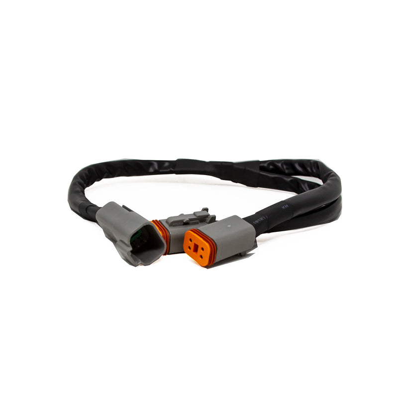 Baja Designs LP4/LP9 Sport Splitter Harness, whole product on a studio background: short black splitter harness with gray and orange DT connectors on white