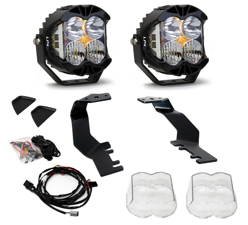 Baja Designs LP4 Pro A-Pillar Light Kit, complete kit on a studio background: A pair of Baja Designs LP4 Pro LED pods
