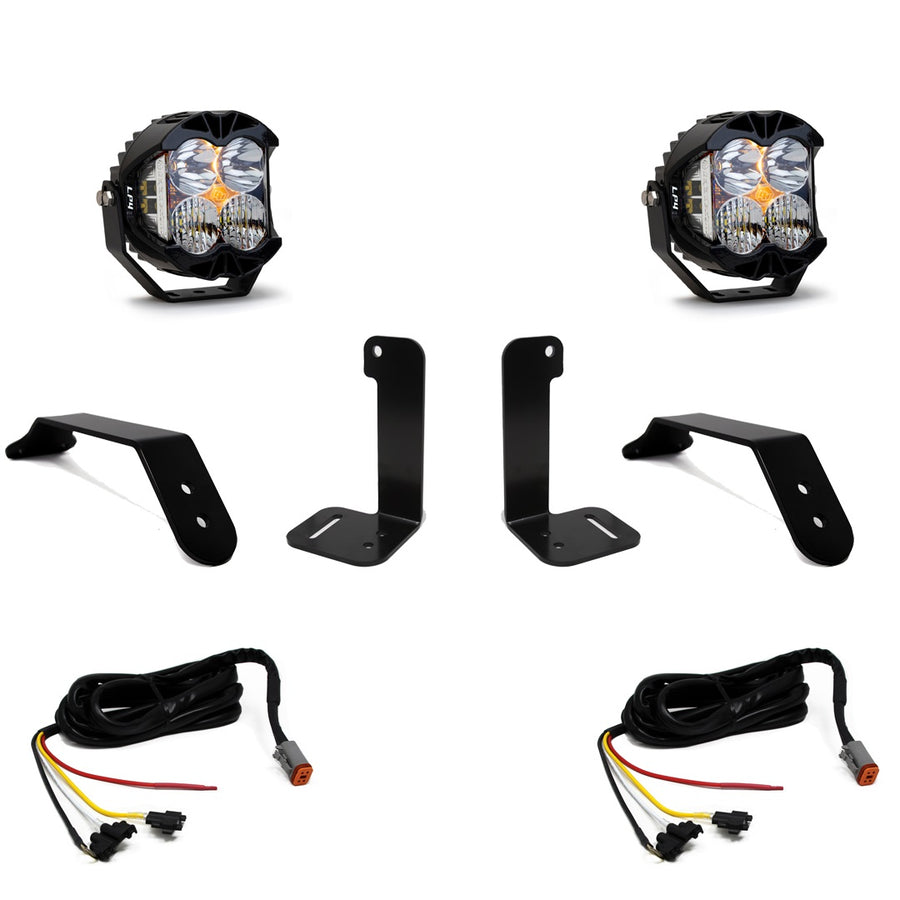 Baja Designs LP4 Pro Bumper Light Kit, complete kit on a studio background: A pair of LP4 Pro lights on white with four bumper brackets and two wiring harnesses