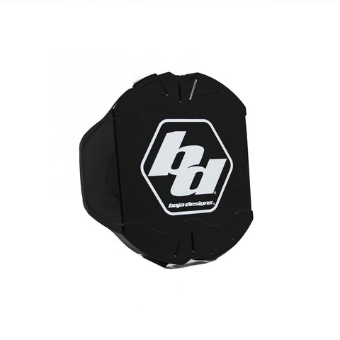 Baja Designs LP4 Single Rock Guard, whole product on a studio background: A black LP4 rock guard with the white Baja Designs logo on a white background