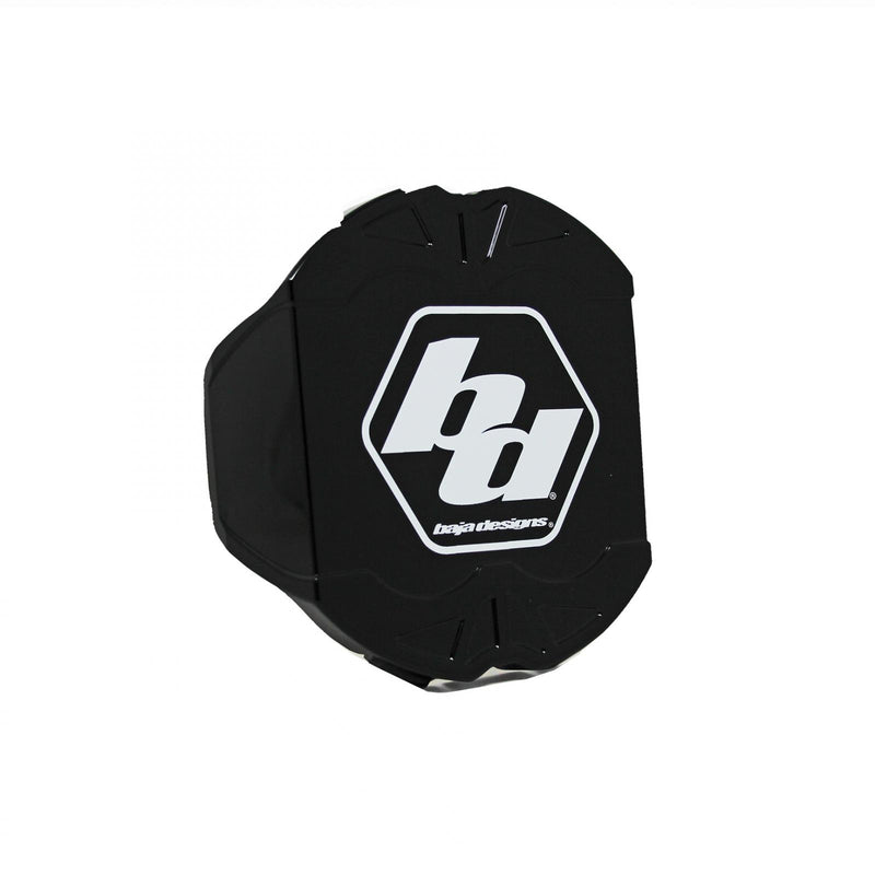 Baja Designs LP4 Single Rock Guard, whole product on a studio background: A black LP4 rock guard with the white Baja Designs logo on a white background