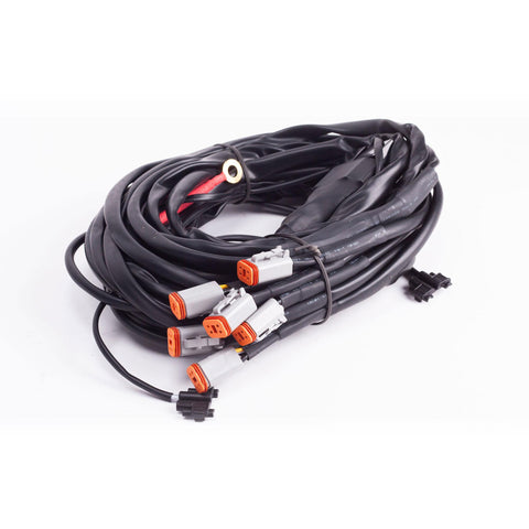 Baja Designs LP4 / Upfitter Wiring Harness, whole product on a studio background: A coiled upfitter harness with six gray Deutsch connectors on white