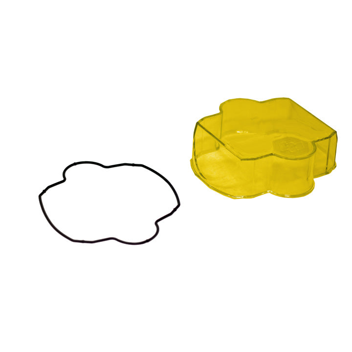 Baja Designs LP6 Light Pod Lens Kit, complete kit on a studio background: A yellow LP6 replacement lens cover with smooth driving optics and a black rubber gasket on a white background; this SKU's frames show more than one lens color, so the color