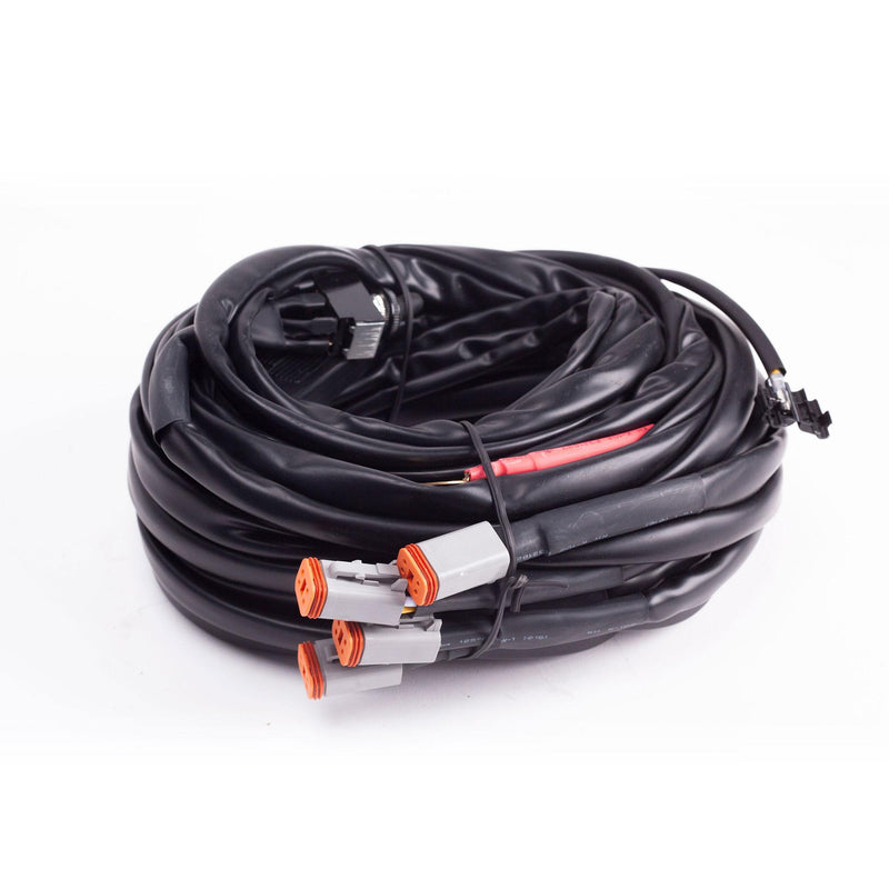 Baja Designs LP9, LP6, LP4 Wiring Harness, whole product on a studio background: A coiled wiring harness with four gray Deutsch connectors on white