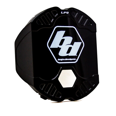 Baja Designs LP9 Single Rock Guard, whole product on a studio background: A black LP9 rock guard with the white Baja Designs logo on a white background