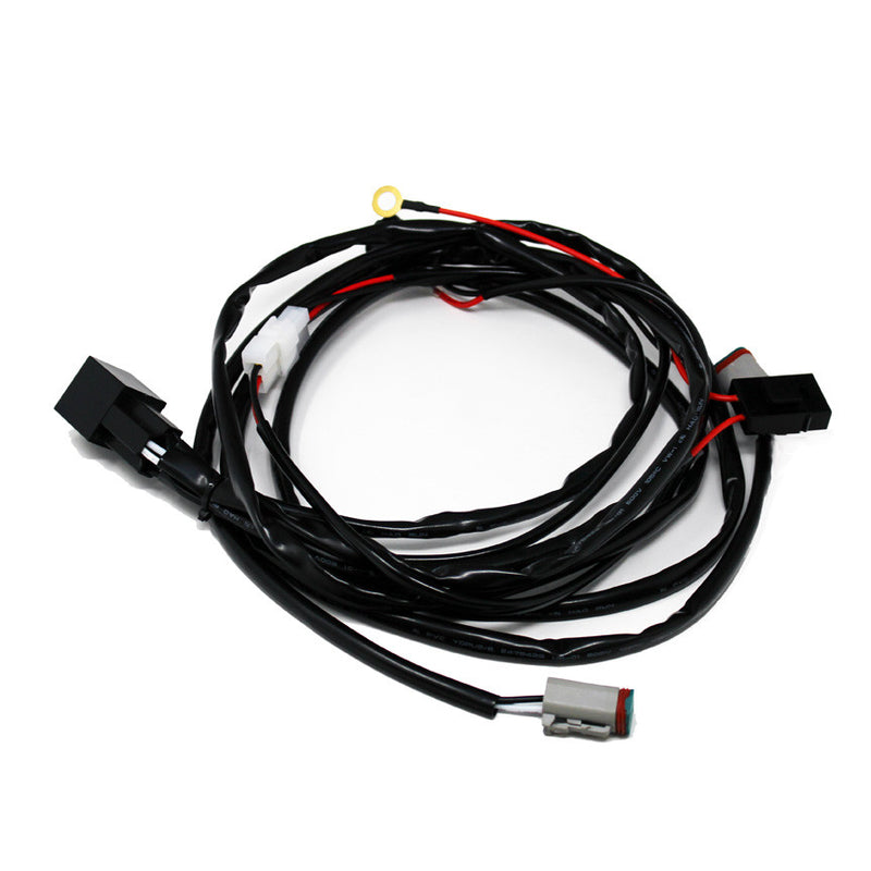 Baja Designs LP9 Sport Series Splitter 2-Light Max Wiring Harness, whole product on a studio background: black splitter wiring harness with relay plugs, ring terminal and gray DT connectors on white