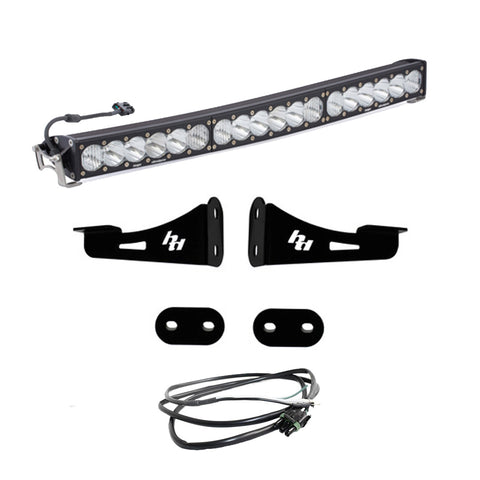 Baja Designs Onx6+ Arc Front Bumper Kit, complete kit on a studio background: A curved OnX6+ Arc LED light bar